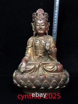 Antiquités chinoises Statue de Guanyin Bodhisattva assise en lotus doré en cuivre pur