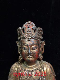 Antiquités chinoises Statue de Guanyin Bodhisattva en cuivre pur doré, assise en position de lotus