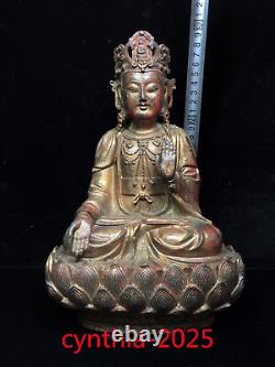 Antiquités chinoises Statue de Guanyin Bodhisattva en cuivre pur doré, assise en position de lotus