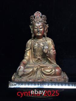 Antiquités chinoises Statue en cuivre doré assise de Guanyin Bodhisattva en lotus