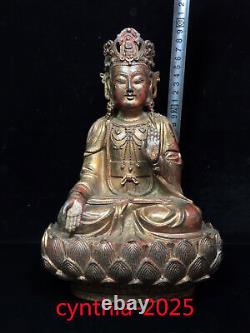 Antiquités chinoises Statue en cuivre doré assise de Guanyin Bodhisattva en lotus