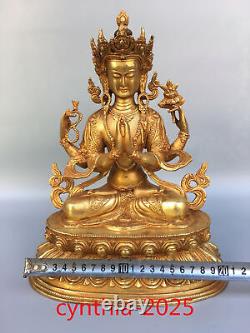 Antiquités chinoises anciennes Statue de Guanyin Tara Bouddha en cuivre pur doré à quatre bras