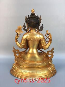 Antiquités chinoises anciennes Statue de Guanyin Tara Bouddha en cuivre pur doré à quatre bras