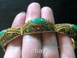 Antitique Jade Bracelet Chinois Export Or Sterling Argent Émail 34g 925 #1176