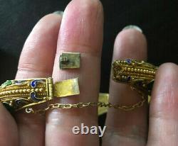 Antitique Jade Bracelet Chinois Export Or Sterling Argent Émail 34g 925 #1176
