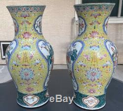 Belle Paire De Antique Chinois C 19 Jaune Jaune Famille Vases Pot Rose 45cm