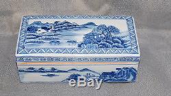 Boîte Couverte De Paysage Chinois Antique Qianlong Mark Bleu Porcelaine
