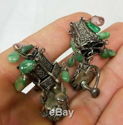 Boucles D'oreilles Forme De Lanterne En Filigrane D'argent Chinois Vintage Bijoux Jadeite Jade