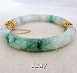 Bracelet Jade Jadéite Vert Et Blanc En Or Jaune 14 Carats Chinois Vintage (69g)