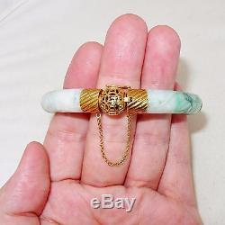 Bracelet Jade Jadéite Vert Et Blanc En Or Jaune 14 Carats Chinois Vintage (69g)
