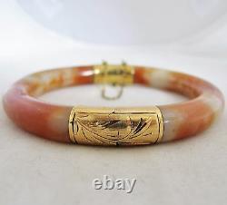 Bracelet Vintage Chinois 14k Gold, Orange & White Jadeite Jade Bangle Bracelet (58.6g)