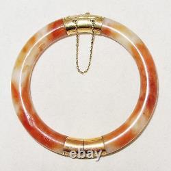 Bracelet Vintage Chinois 14k Gold, Orange & White Jadeite Jade Bangle Bracelet (58.6g)