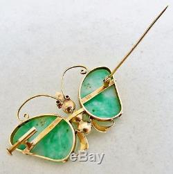 Broche Papillon Chinois Antique En Or 14 Carats Avec Perles Et Jade Vert Jade (10.4g)
