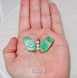 Broche Papillon Chinois Antique En Or 14 Carats Avec Perles Et Jade Vert Jade (10.4g)