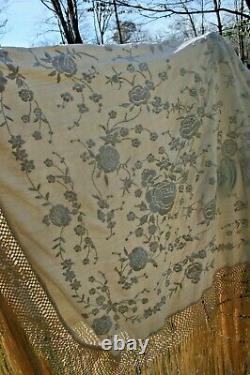Brodé Piano Shawl Antique 1900-1920s Silk Embroidery Chinese Canton #3