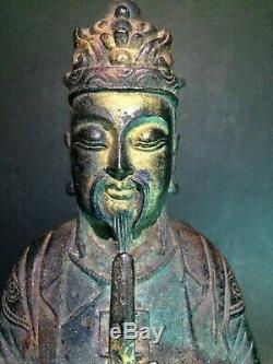 Bronze Antique Chinois Polychrome Figure De Wang Chen, Dynastie Qing