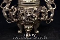 Brûleur d'encens céramique chinoise de la dynastie Qianlong en cuivre argenté avec dragon et bête
