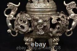 Brûleur d'encens céramique chinoise de la dynastie Qianlong en cuivre argenté avec dragon et bête
