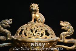 Brûleur d'encens dragon avec couvercle de lion de la dynastie chinoise en bronze doré ancien 10