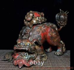 Brûleur d'encens en bronze doré chinois de 12 pouces représentant un animal chanceux de la richesse, un lion chien foo.