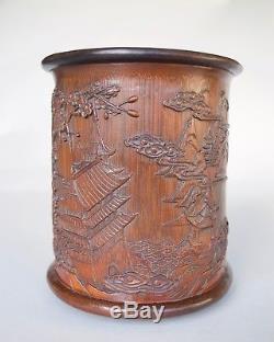 Brushpot De Paysage En Bambou Chinois (bitong), Dynastie Qing (bonhams Provenance)