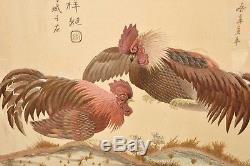 Cadre Chinois Calligraphie En Tissu En Soie De Broderie 2 Coq Pas De Peinture