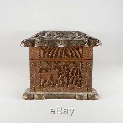 Chine Canton Carved Sandalwood Box & Charniere 19ème Siècle