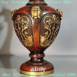 Chine Pourpre Bronze Or 24k Gilt Dragon Bouddha Tête Crane Pot De Bouteille Vase Jar
