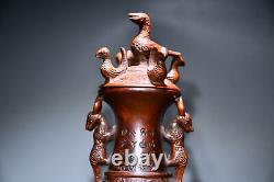 Chinen Naturel Boxwood Sculpté À La Main Exquise Binaural Auspicious Beast Vase 85