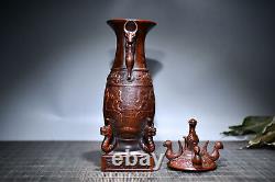 Chinen Naturel Boxwood Sculpté À La Main Exquise Binaural Auspicious Beast Vase 85