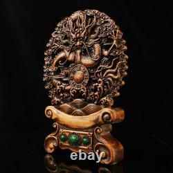 Chinen Naturel Boxwood Sculpté À La Main Exquisite Inlaid Gem Gossipdragon Écran 2365