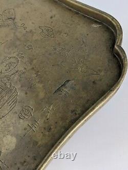 Chinese Antique Brass Opium Tray Conception Figurative & Calligraphie Signé Qing A/f