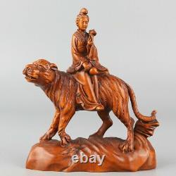 Chinese Exquise Figurine De Boxwood Sculptée À La Main Statue De Tigre