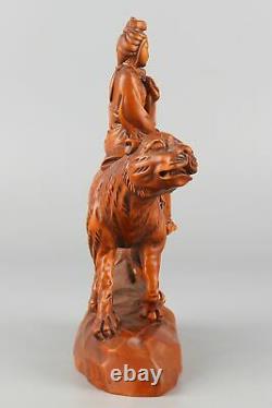 Chinese Exquise Figurine De Boxwood Sculptée À La Main Statue De Tigre