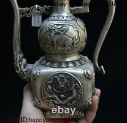 Chinese Silver Dragon Head Loong Kylin Beast Gourd Pot À Vin Flagon Théière Stoup
