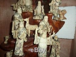 Chinois 104 CM Affichage En Bois Et 21 Sculpté Bovine Os Immortal Figures Et Animaux