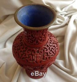 Chinois Antique Cuivre À La Main Cinnabar Dragon Ball Laque Vase Boîte Raised Art