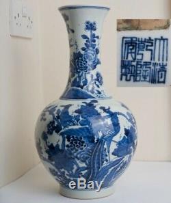 Chinois Bleu Et Blanc Vase Décoré Avec Paon Oiseaux & Pivoines Qianlong Mark