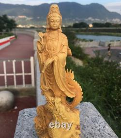 Chinois Boxwood Wood Carving Guan Yin Ride Dragon Goddess Bodhisattva Statue