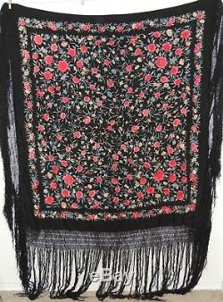 Chinois Brodé Main Antique Soie Lourde Colorful Shawl Piano W Fringe