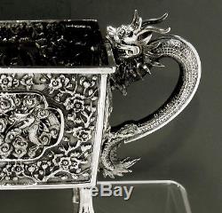 Chinois Export Silver Jardiniere Boîte C1875 Luenwo Dragons En Flammes