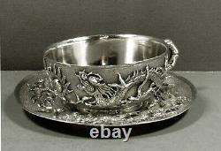 Chinois Export Silver Tea Set Dragons In Flames