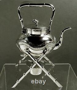 Chinois Exporter Argent Thé Kettle & Stand C1890 Kms Dragons