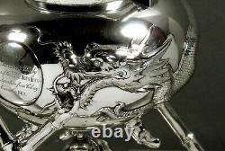 Chinois Exporter Argent Thé Kettle & Stand C1890 Kms Dragons