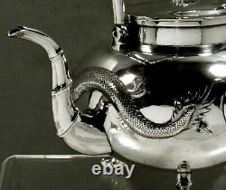 Chinois Exporter Argent Thé Kettle & Stand C1890 Kms Dragons