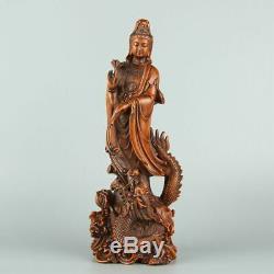 Chinois Exquis Main Sculpté Dragon Guanyin Sculpture Statue Boxwood