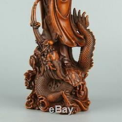 Chinois Exquis Main Sculpté Dragon Guanyin Sculpture Statue Boxwood