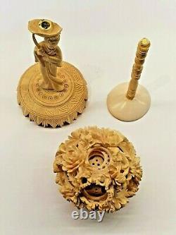 Chinois Qing Dynastie Antique Canton Ornate Carved Ball Puzzle With Stand C1880