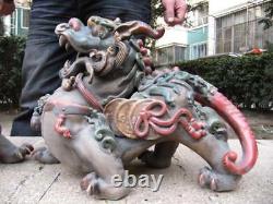 Chinois Vieux Talisman De Porcelaine Wucai Foo Dog Lion Bête Kylin Kilin Kirin Paire