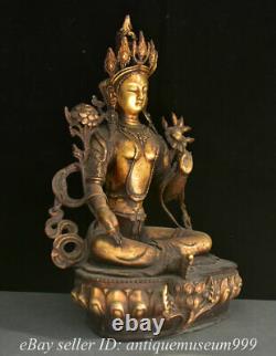 Chinois Violet Bronze Or 24k Gilt Enamel Cloisonne Vert Tara Déesse Statue